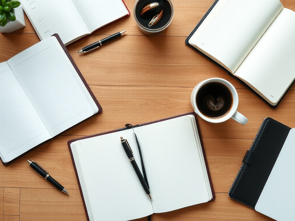 원목 책상 위에 펼쳐진 다양한 종류의 다이어리와 펜, 커피잔이 놓여 있는 모습