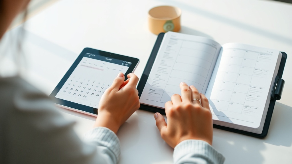 디지털 캘린더와 종이 노트를 함께 사용하며 일정을 관리하는 하이브리드 방식의 예시