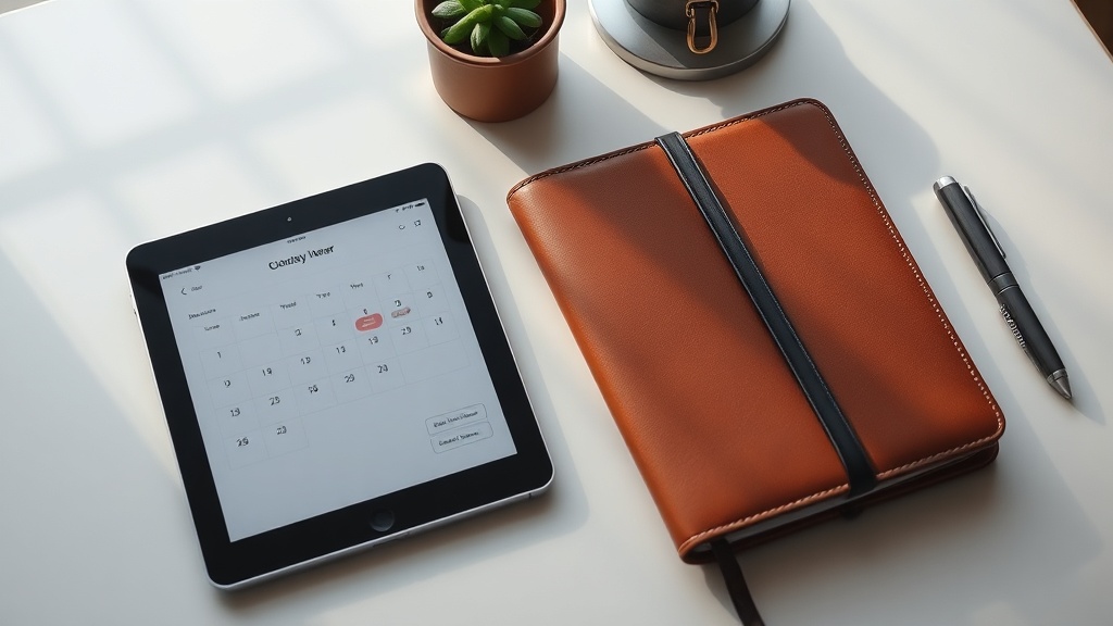 디지털 기기와 아날로그 수첩이 나란히 놓여 있는 책상 위의 작업 환경 모습